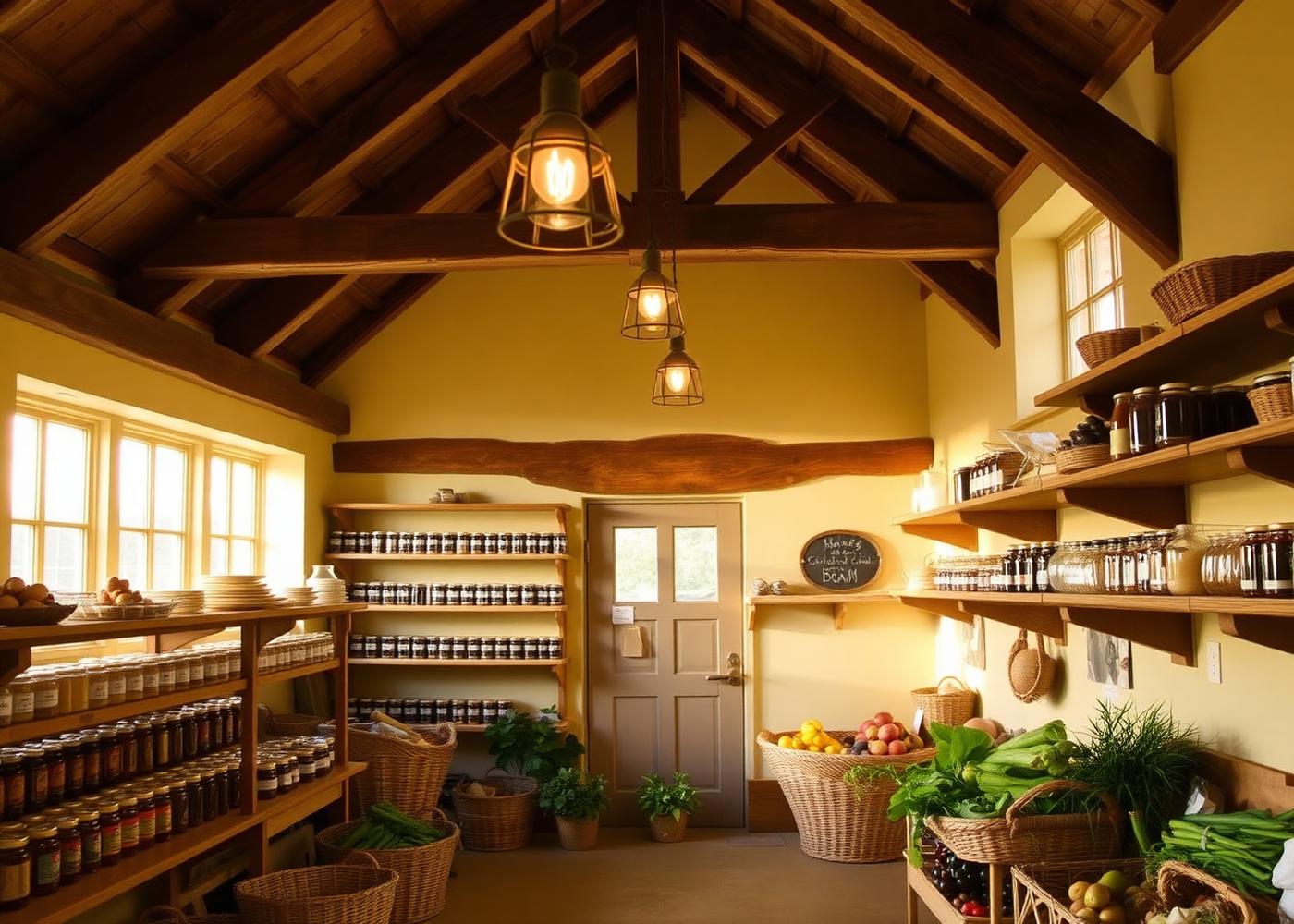 Inside the Yellow Barn farm shop, warm light through windows