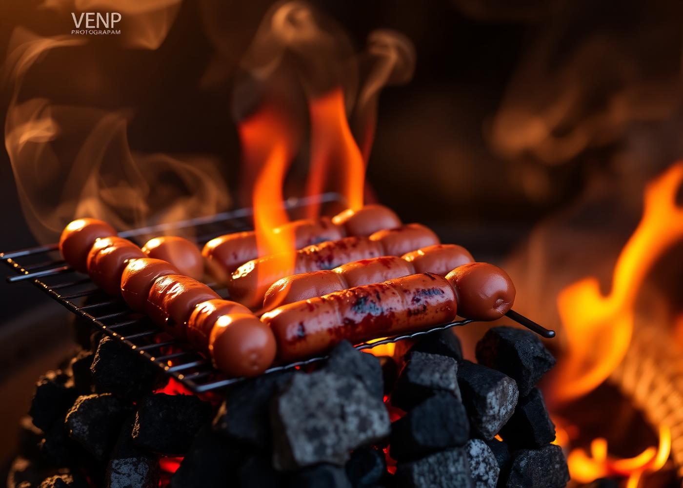 Boerewors sausages cooking over open coals on a braai