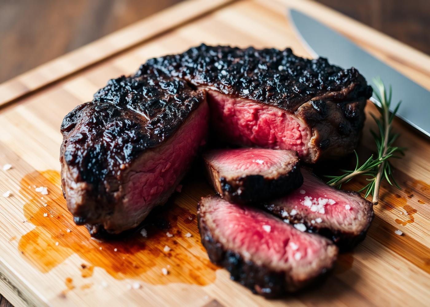 Sliced dry-aged ribeye steak resting on a wooden board