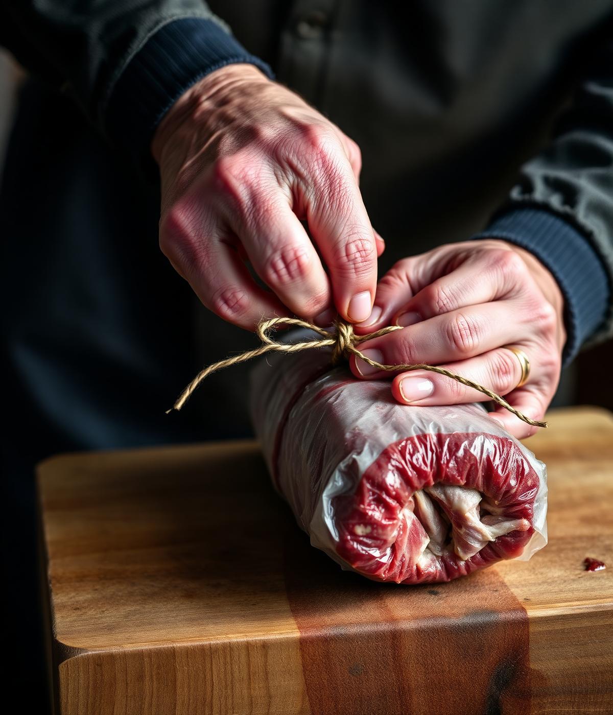 Butcher's hands tying a parcel
